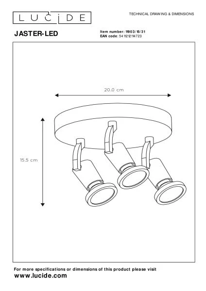 Lucide JASTER-LED - Plafondspot - Ø 20 cm - LED - GU10 - 3x5W 2700K - Wit - technisch